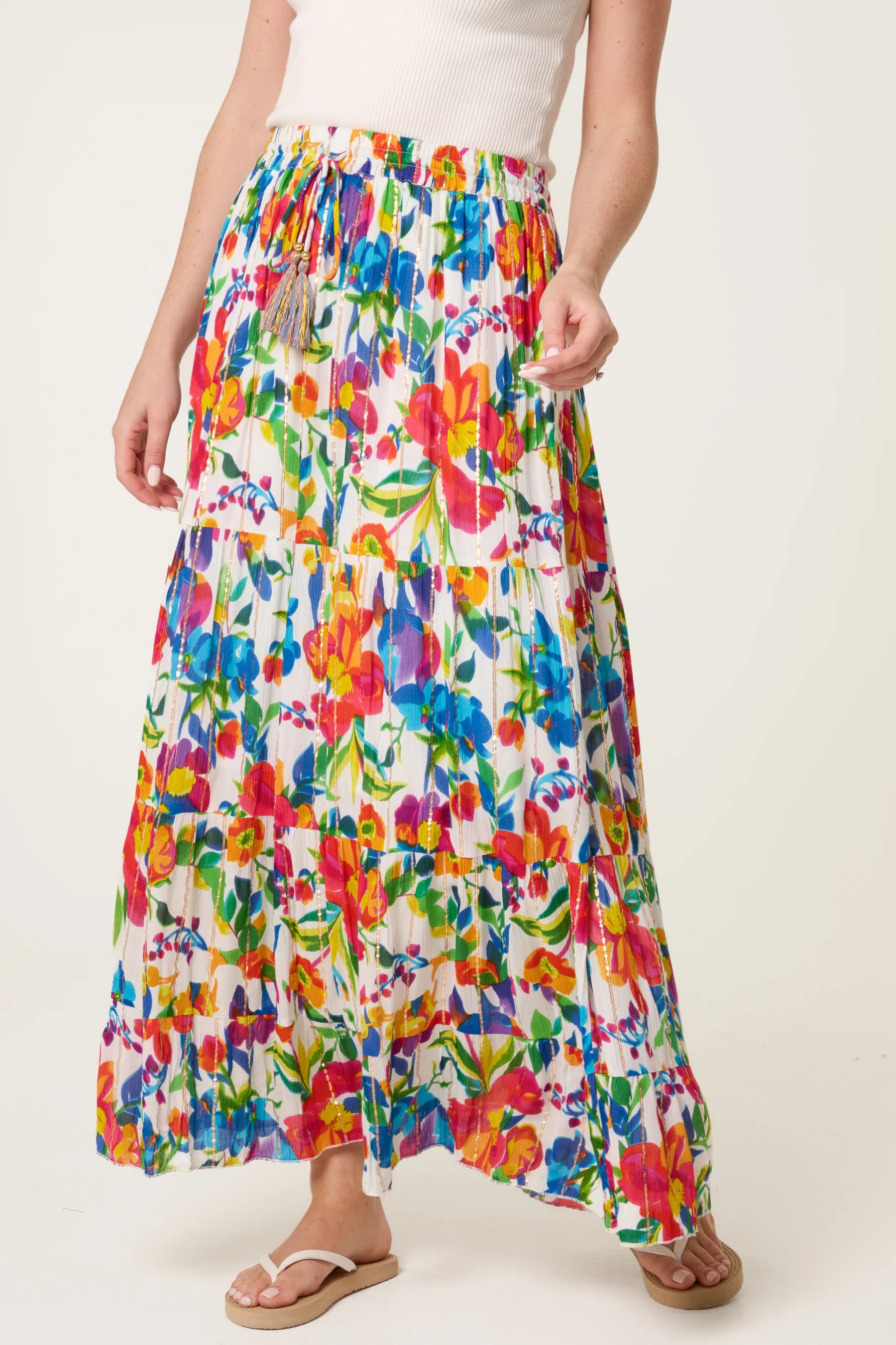 Floral Metallic Stripe Tiered Maxi Skirt