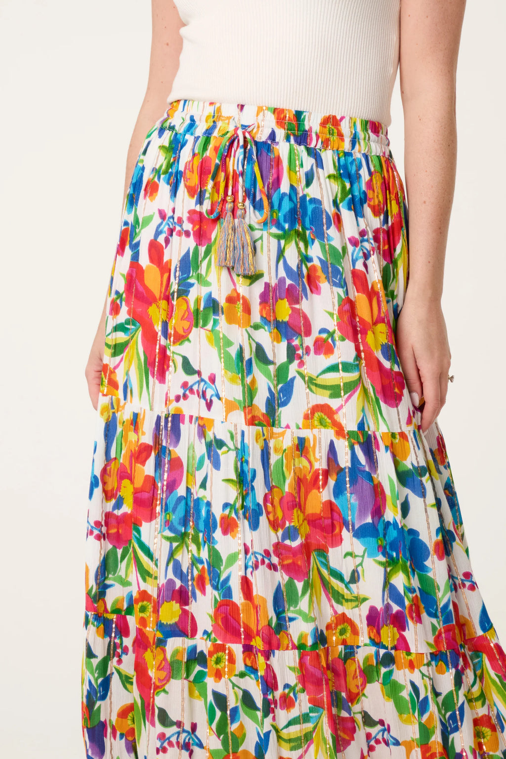 Floral Metallic Stripe Tiered Maxi Skirt