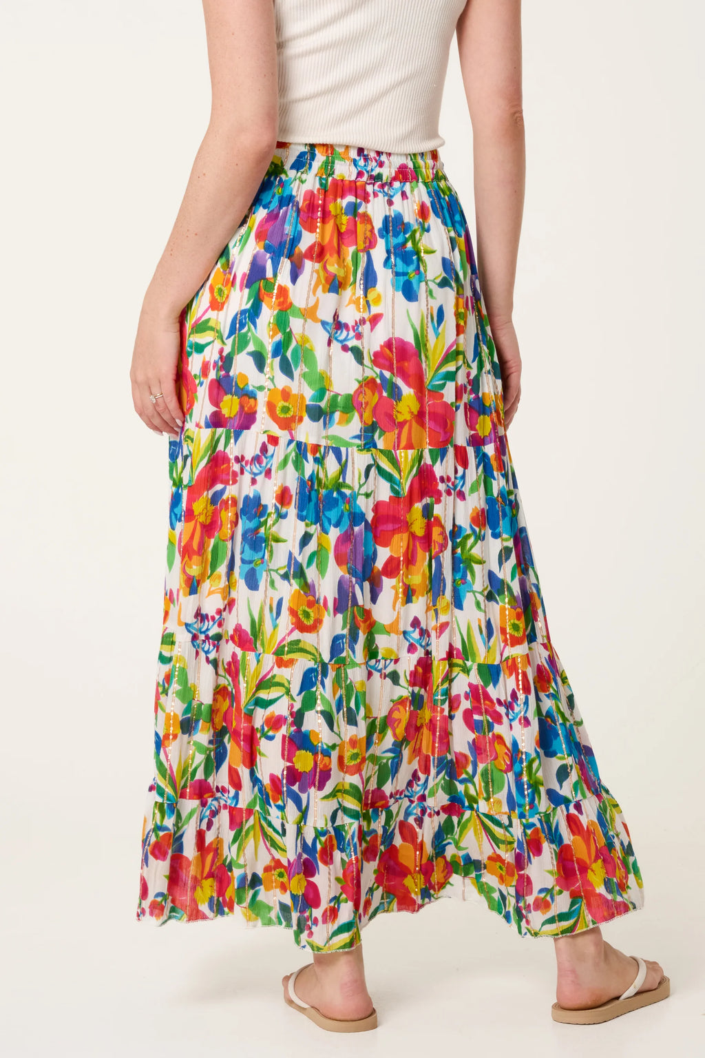 Floral Metallic Stripe Tiered Maxi Skirt