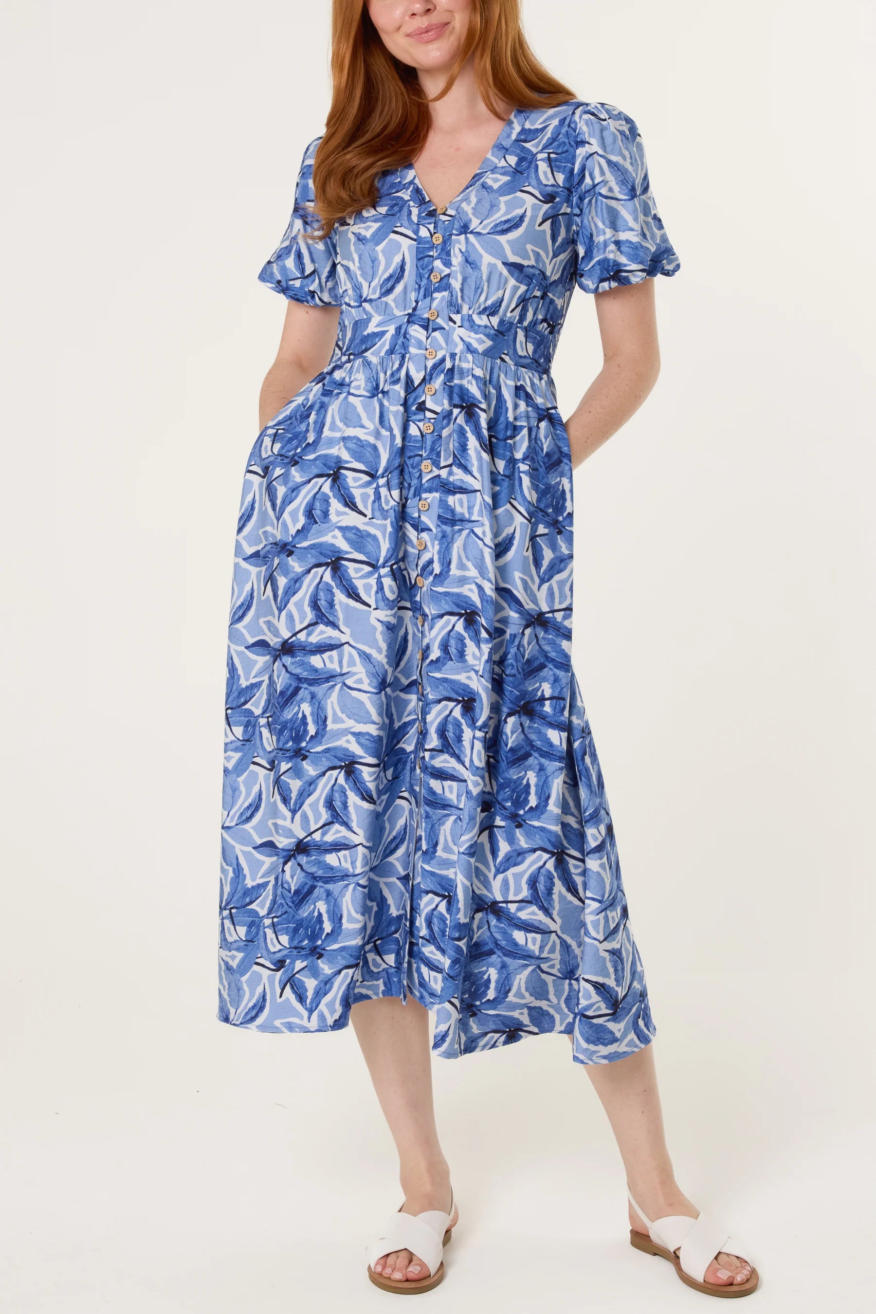 Button Through Leaf Print Dress