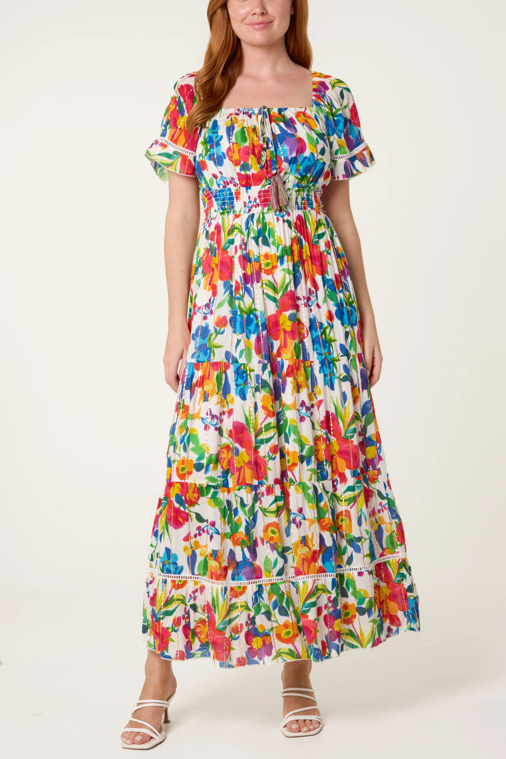 Boho Floral Maxi Dress with Tassel Tie – Multi