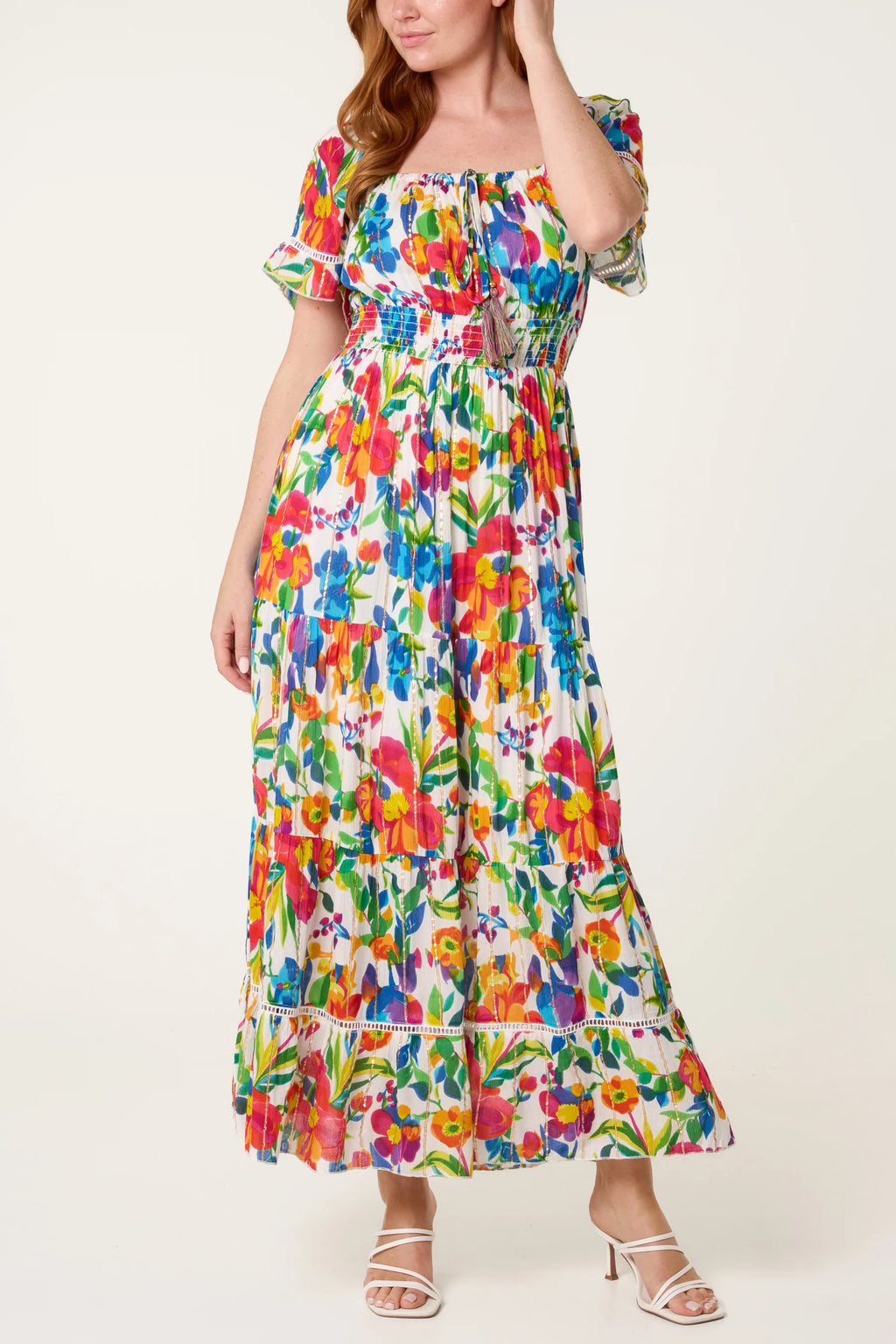 Boho Floral Maxi Dress with Tassel Tie – Multi