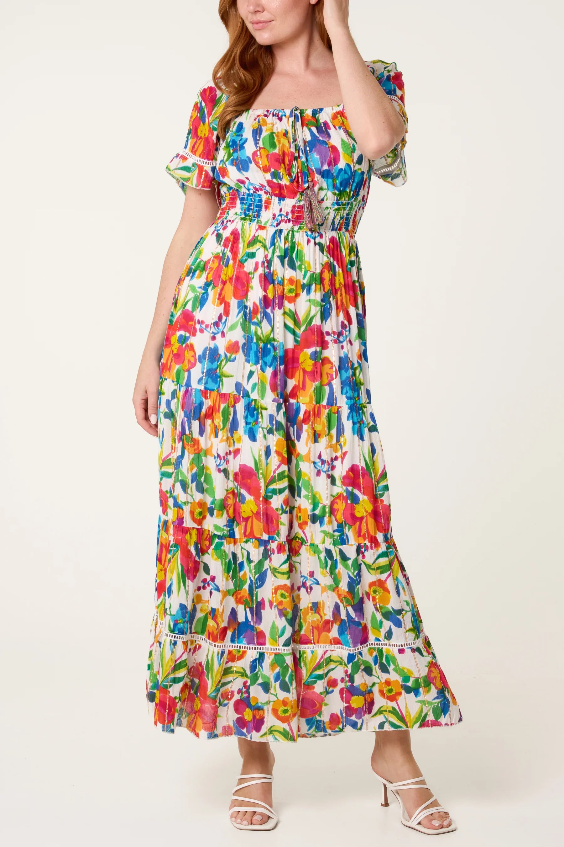 Boho Floral Maxi Dress with Tassel Tie – Multi