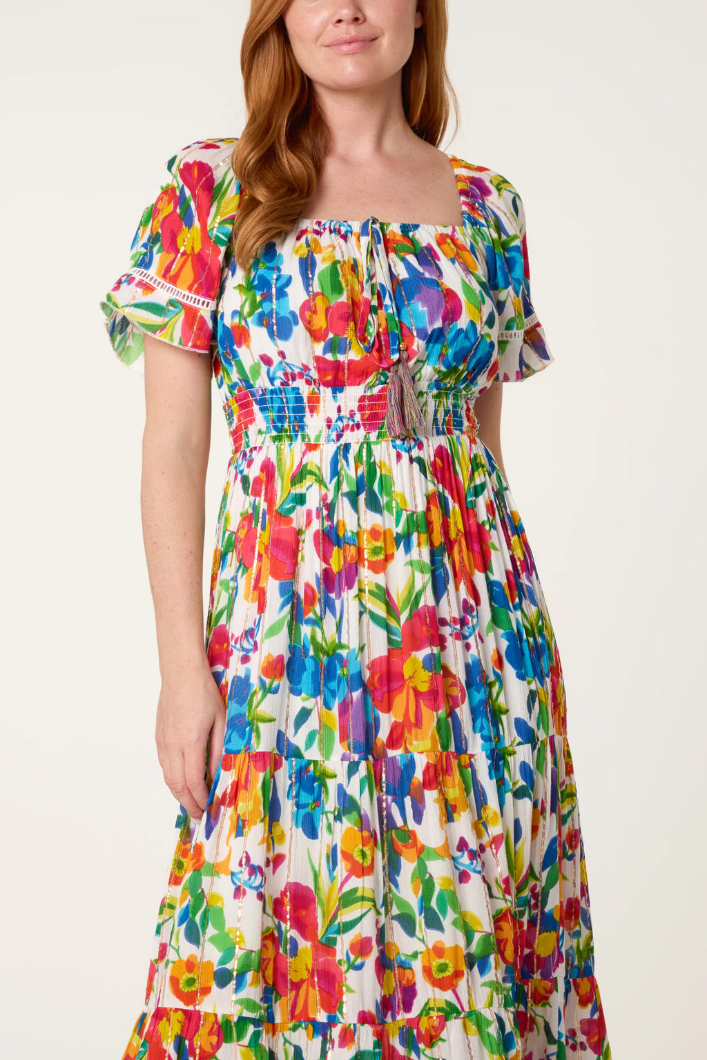 Boho Floral Maxi Dress with Tassel Tie – Multi