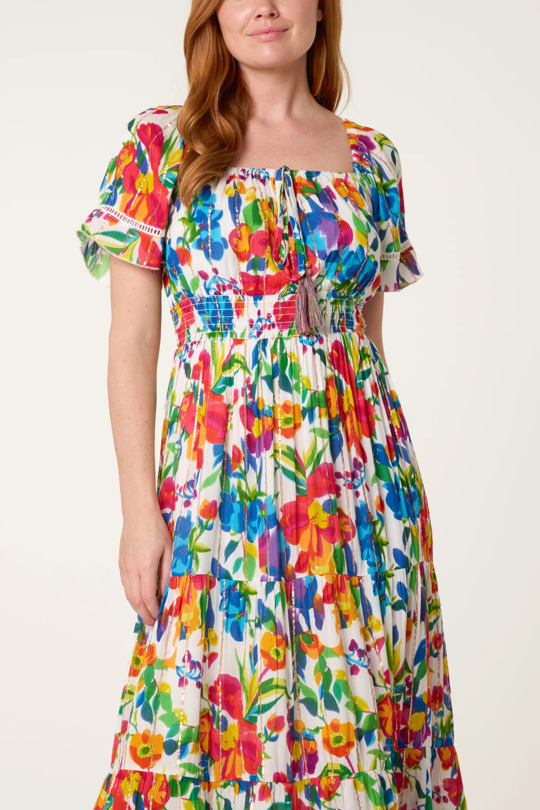 Boho Floral Maxi Dress with Tassel Tie – Multi