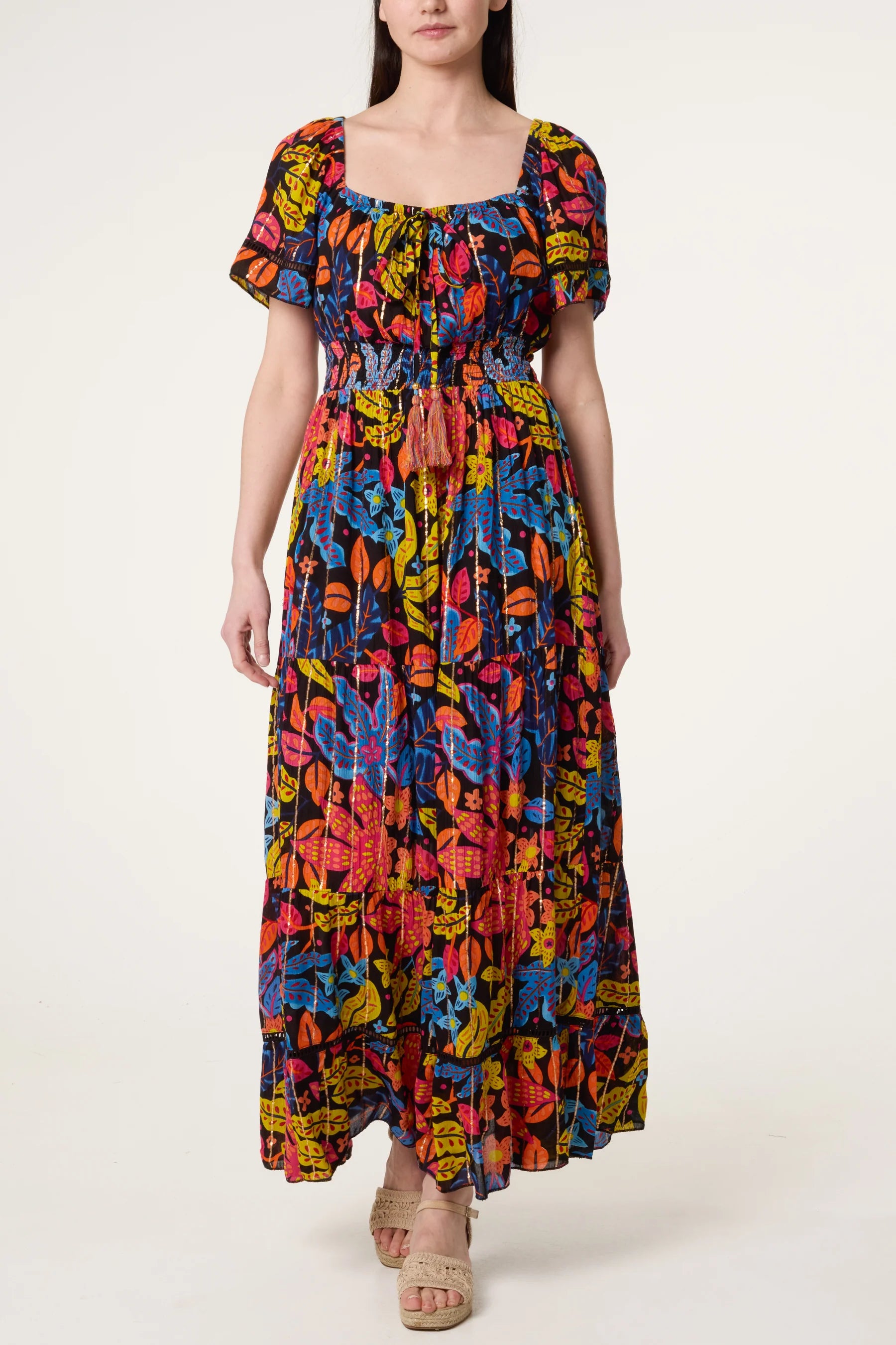 Black Boho Floral Maxi Dress with Tassel Tie – Multi