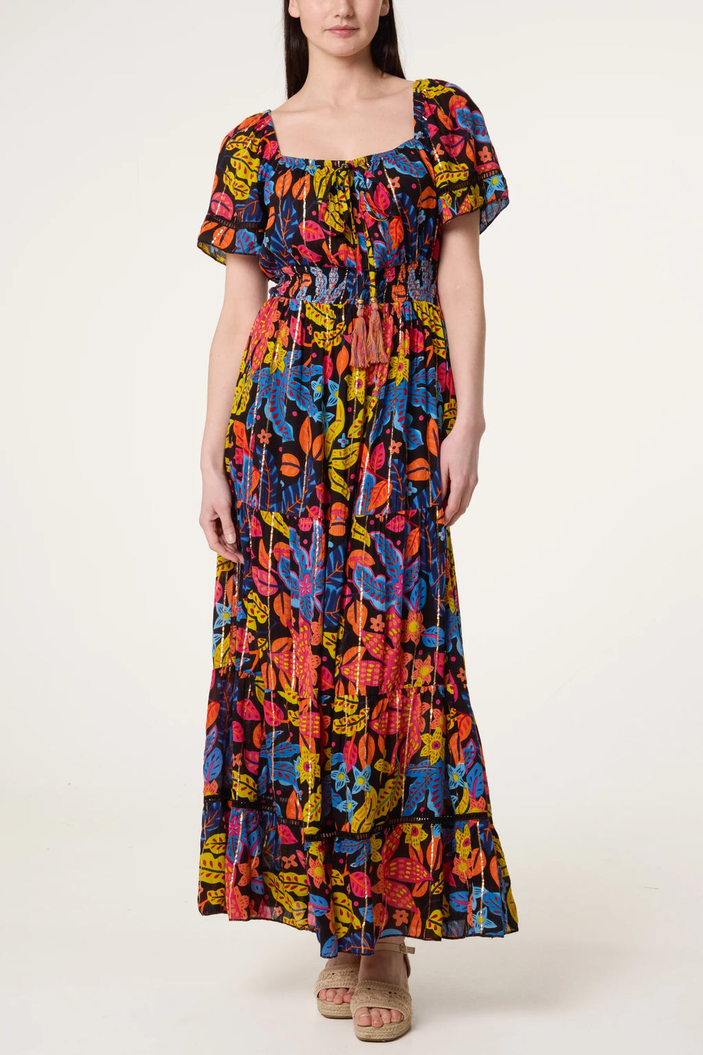 Black Boho Floral Maxi Dress with Tassel Tie – Multi