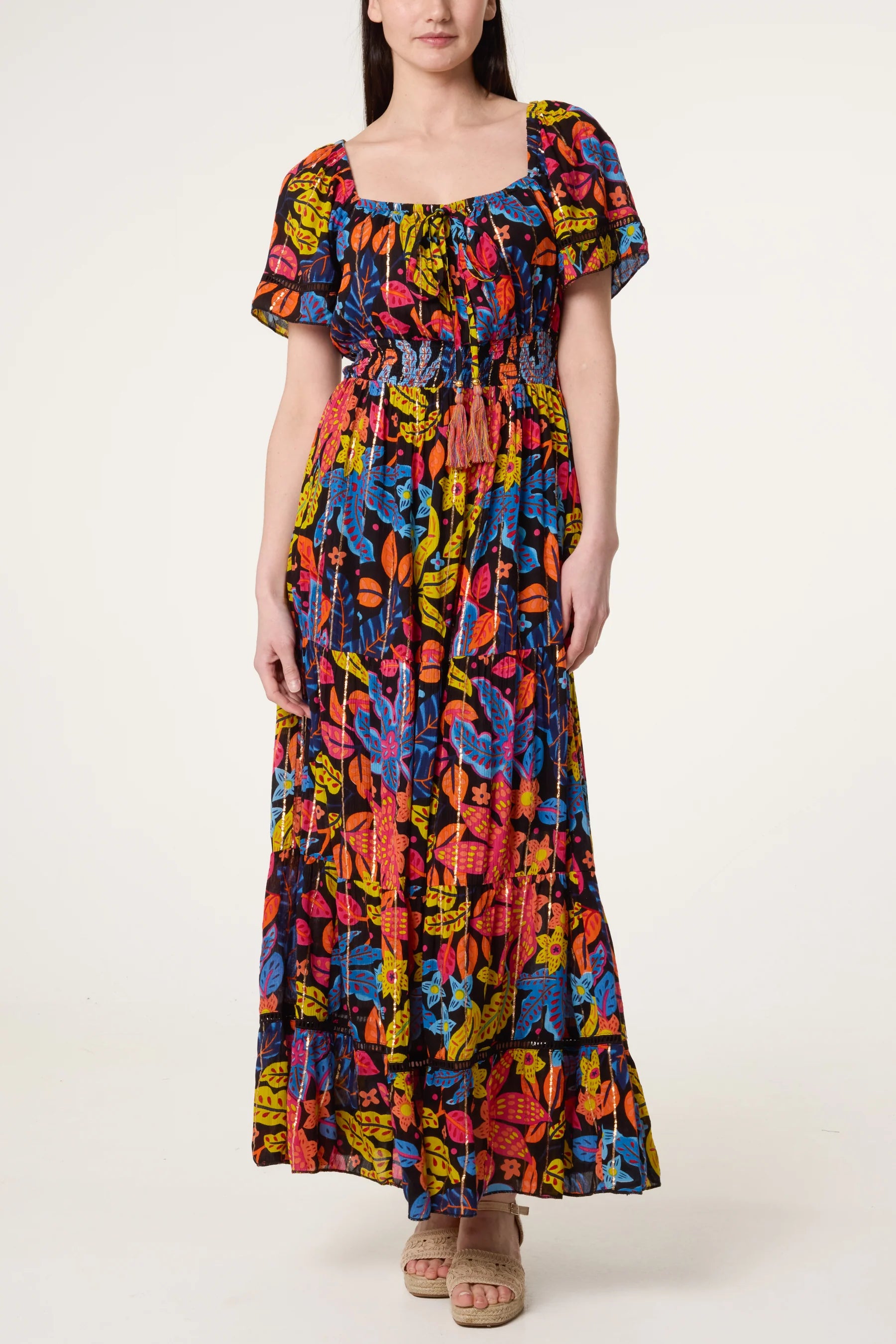 Black Boho Floral Maxi Dress with Tassel Tie – Multi