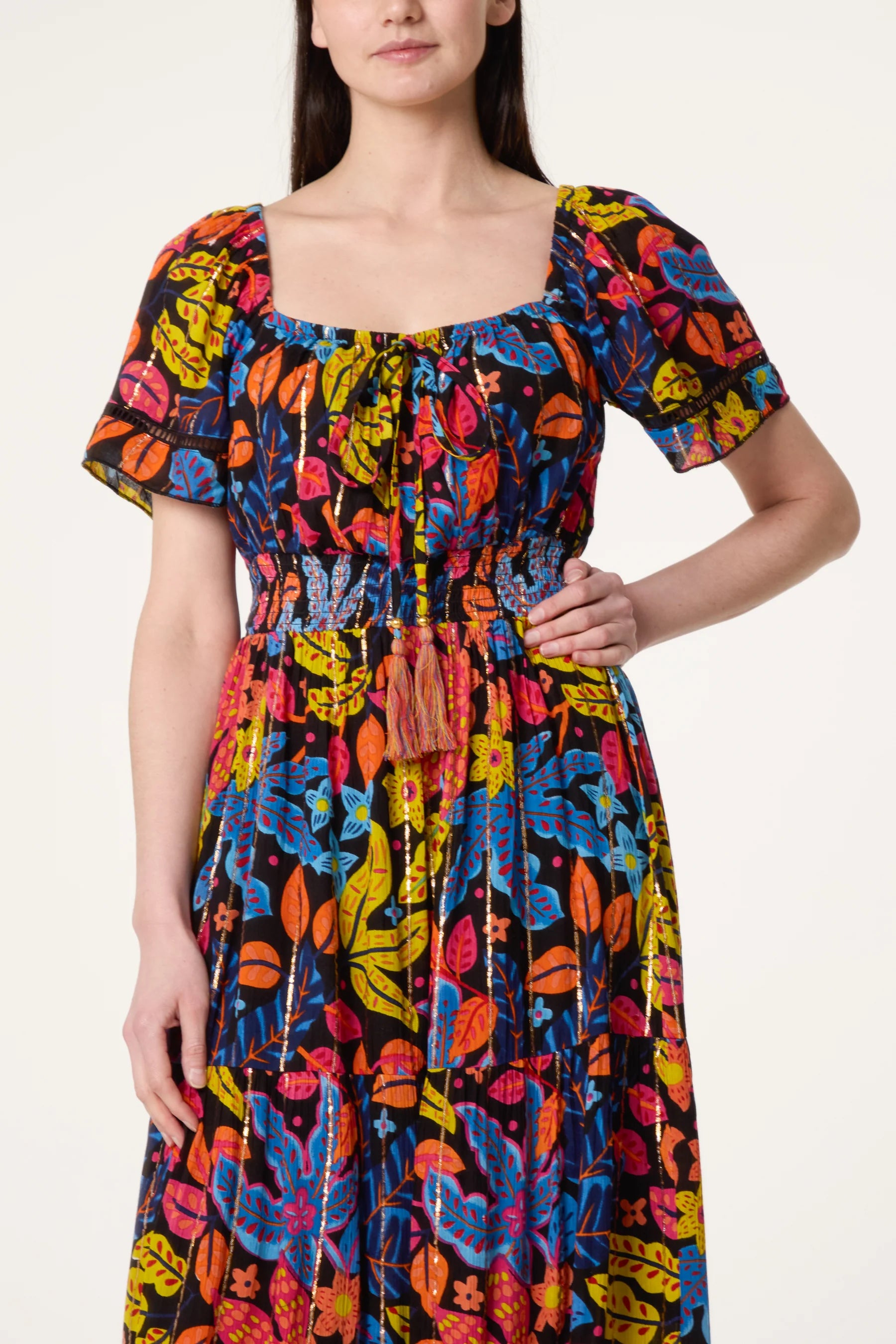 Black Boho Floral Maxi Dress with Tassel Tie – Multi