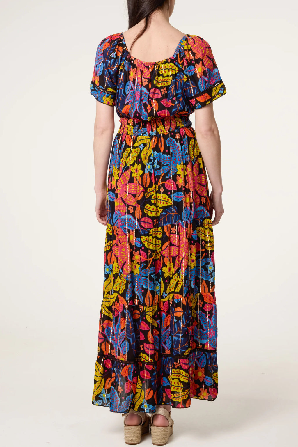 Black Boho Floral Maxi Dress with Tassel Tie – Multi