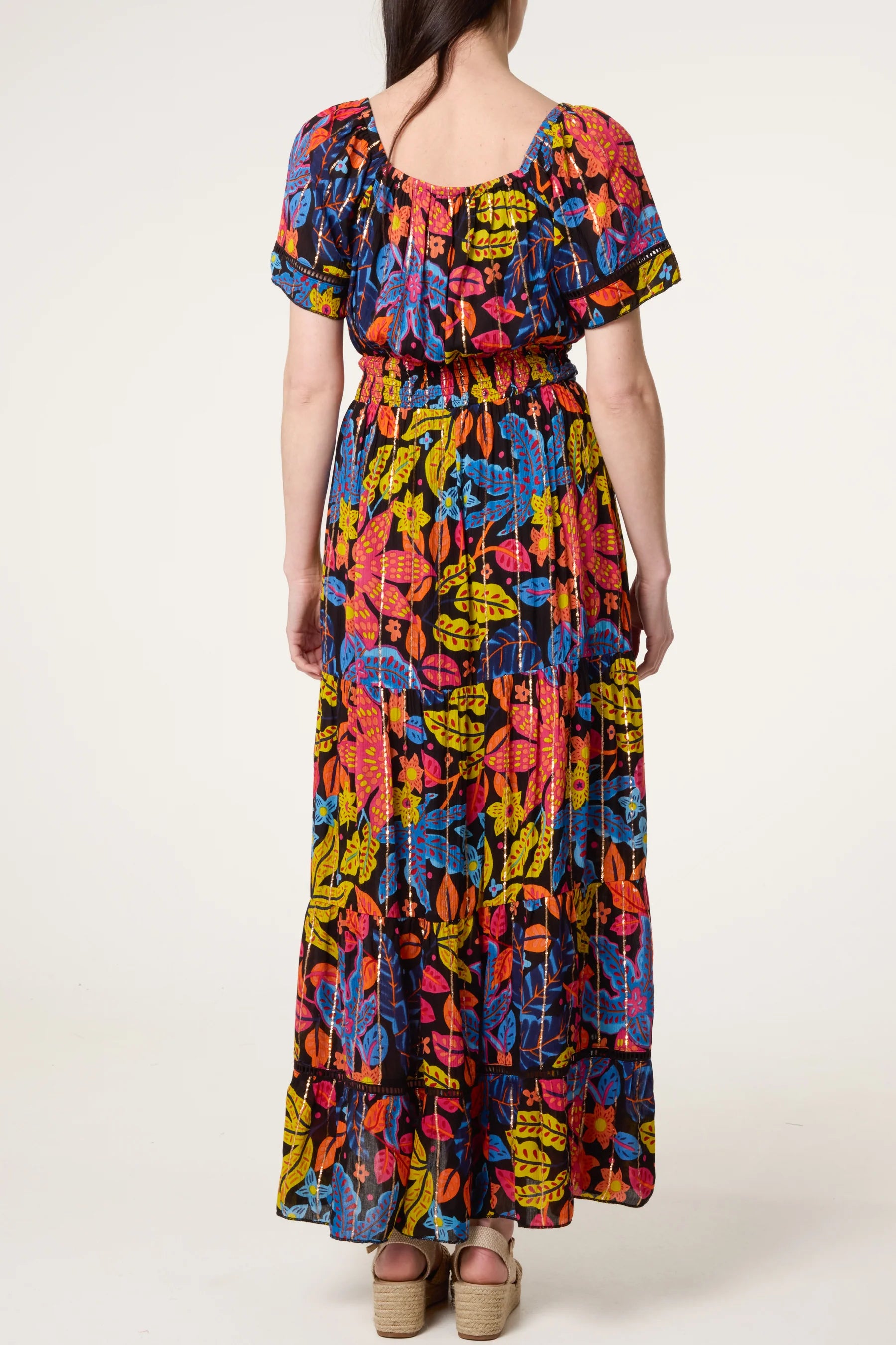 Black Boho Floral Maxi Dress with Tassel Tie – Multi