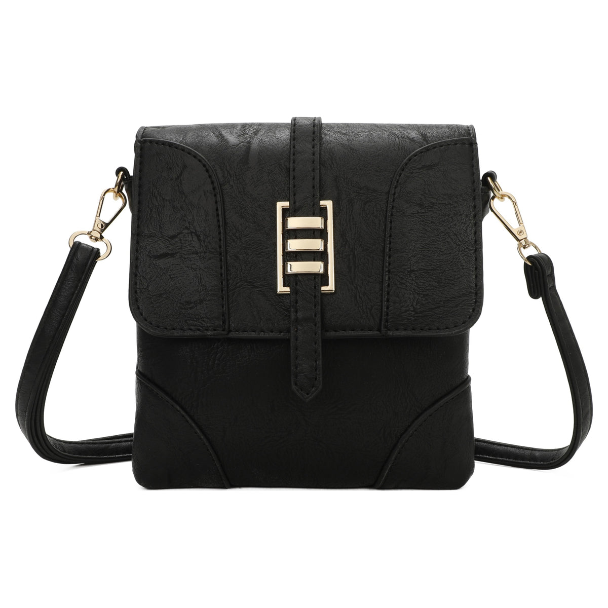 Black Small Front Flap Crossbody Bag With Gold Hardware