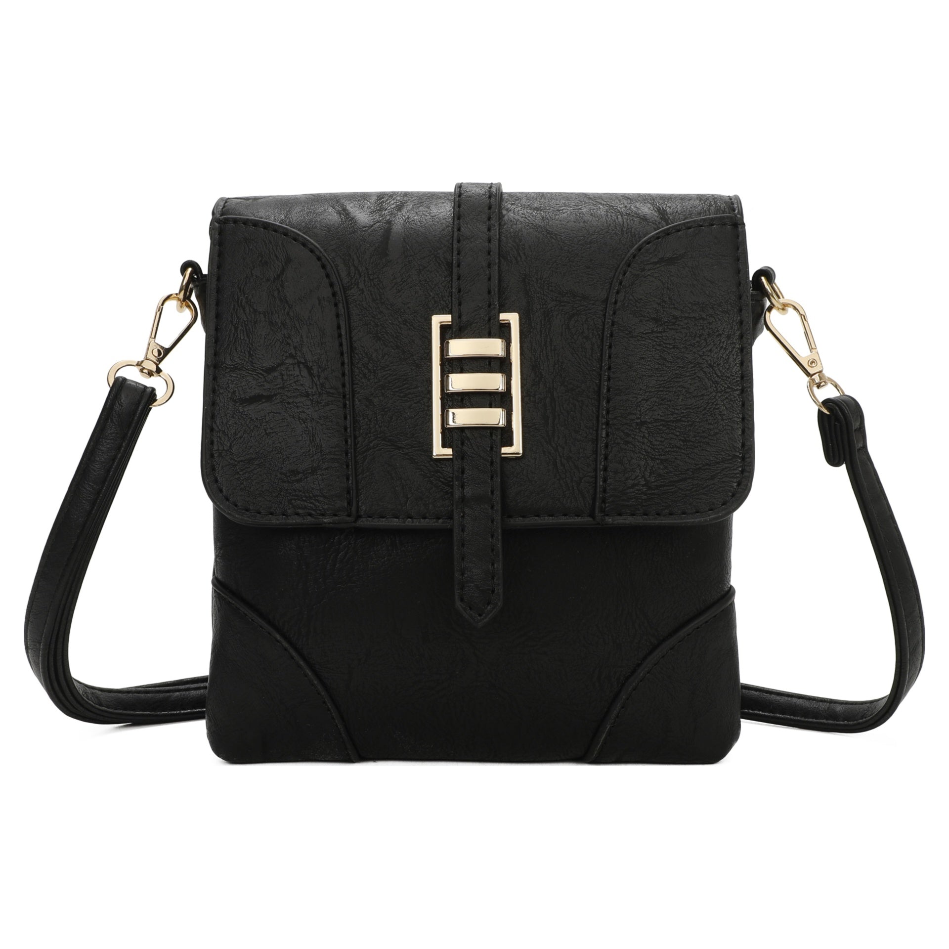 Black Small Front Flap Crossbody Bag With Gold Hardware