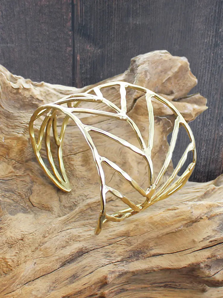 Gold Beaten Asymmetrical Leaf Cuff Bracelet