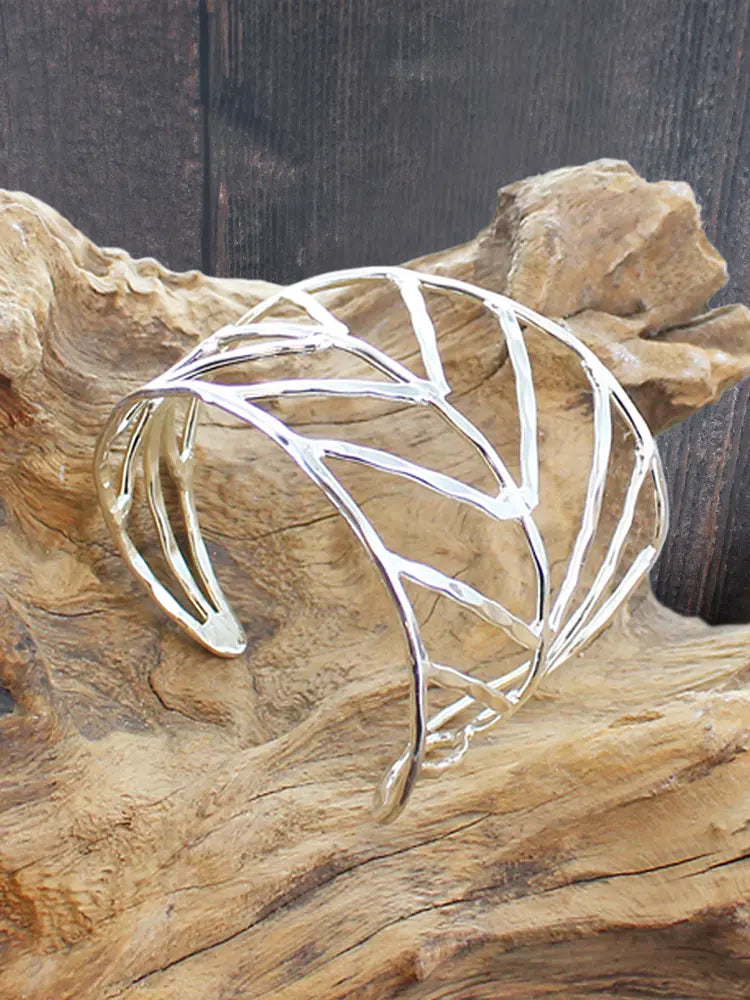 Silver Beaten Asymmetrical Leaf Cuff Bracelet