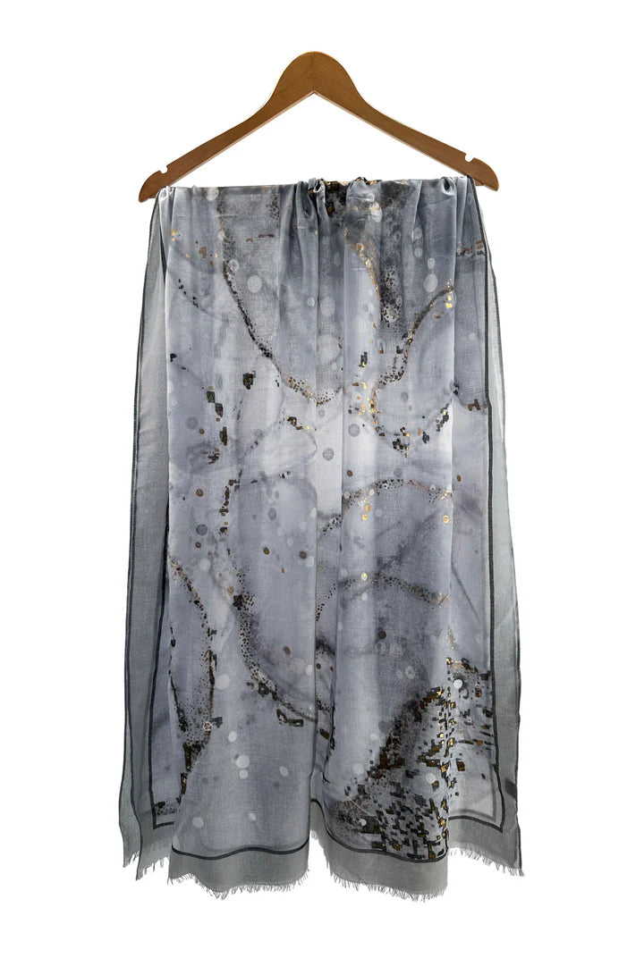 Soft Gold Foil Abstract Print Grey Scarf