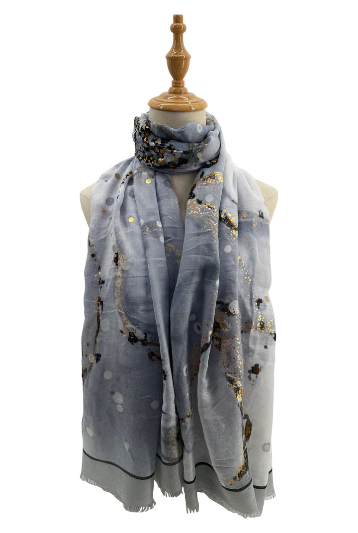 Soft Gold Foil Abstract Print Grey Scarf