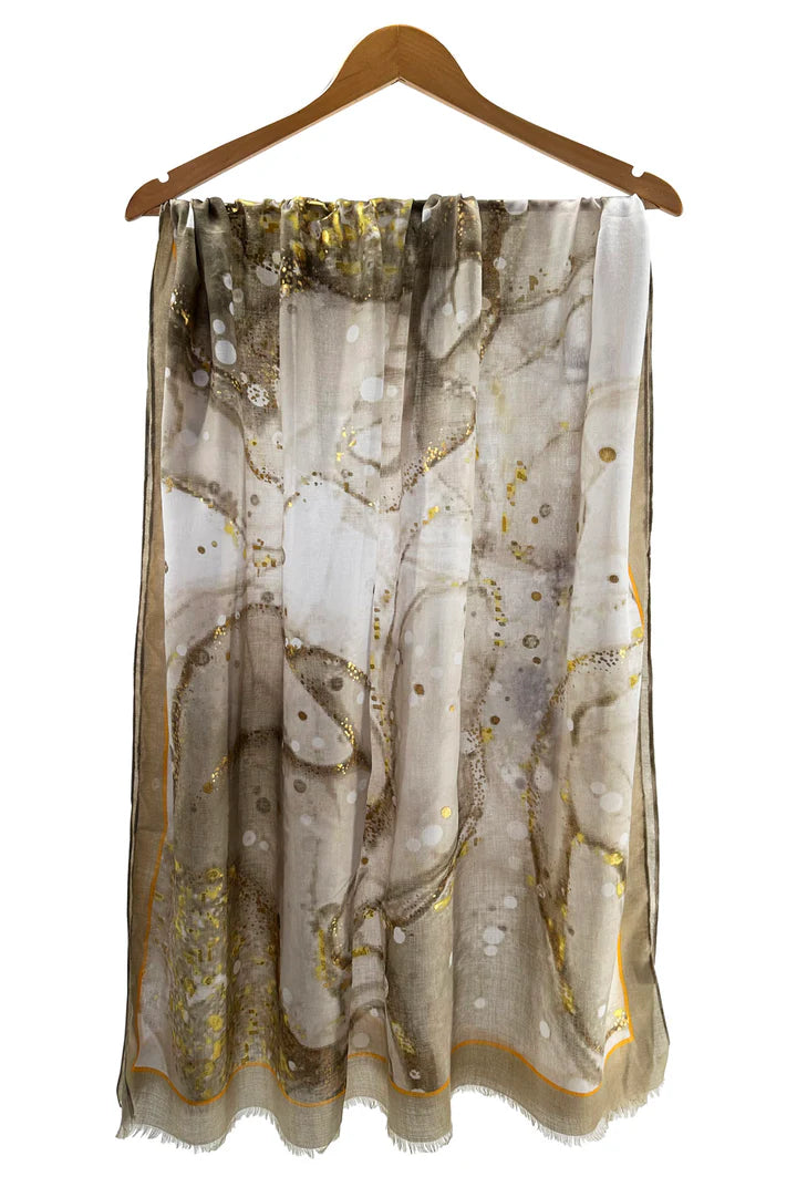 Cotton Blend Beige Gold Foil Scarf