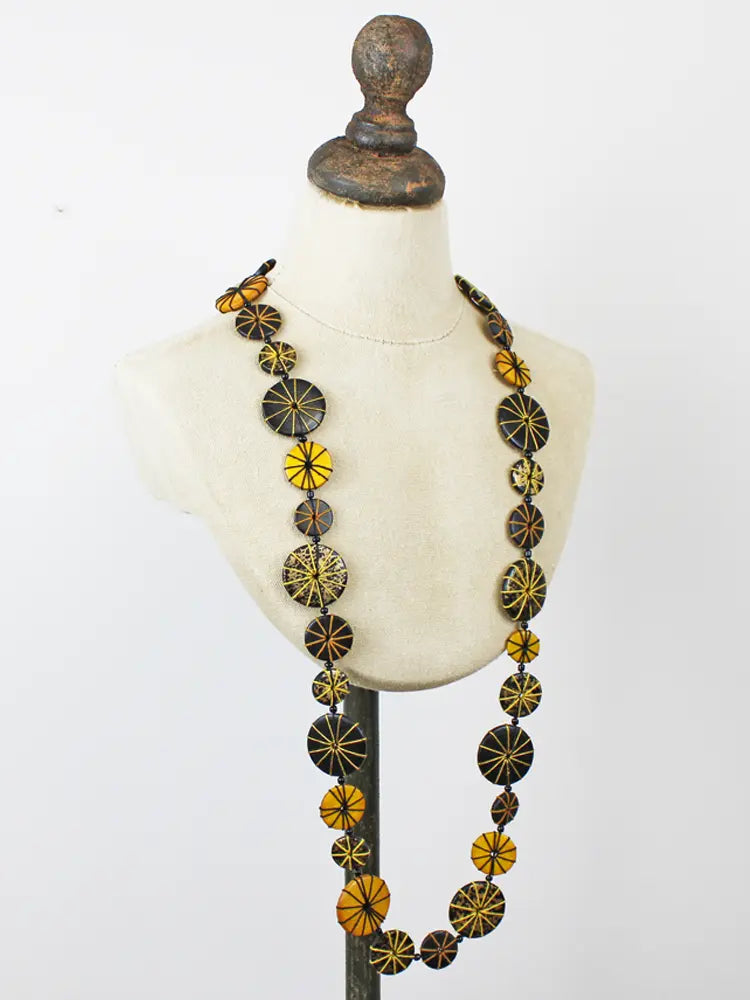 Long Wooden Disc Statement Necklace