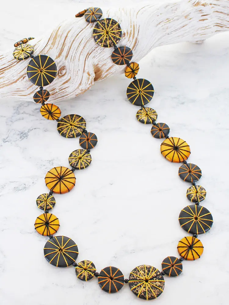 Long Wooden Disc Statement Necklace