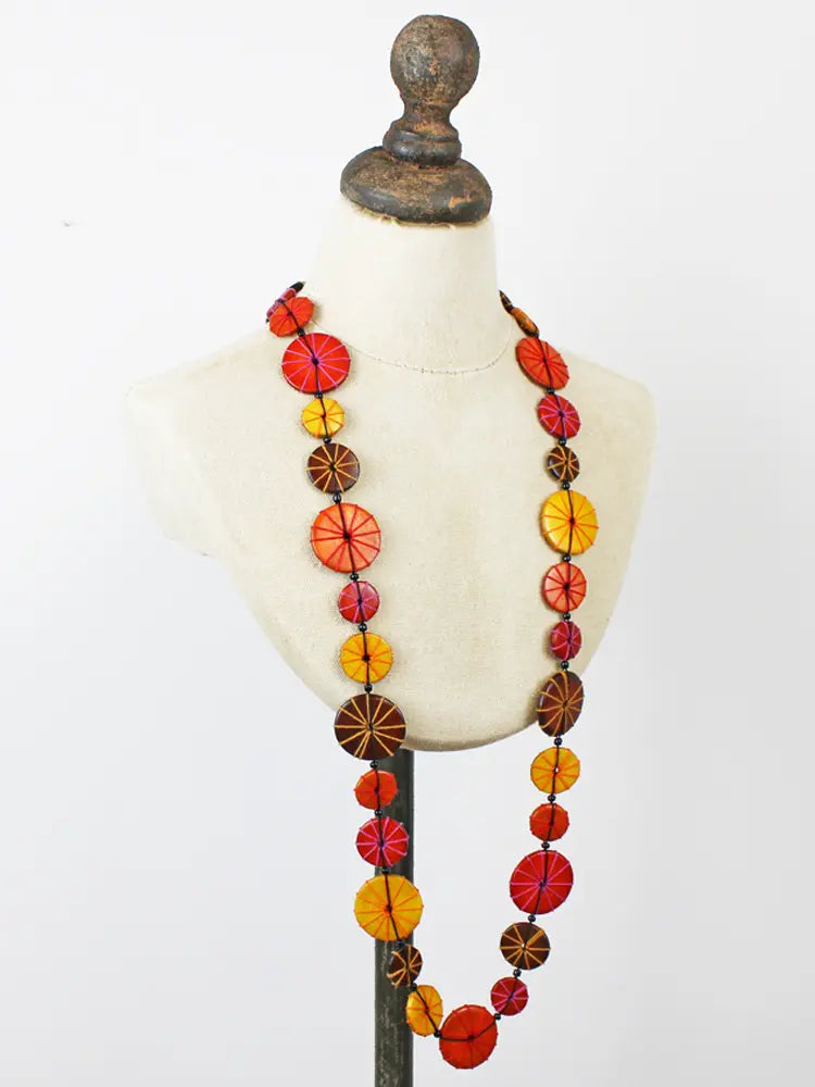 Long Orange Wooden Disc & Thread Necklace