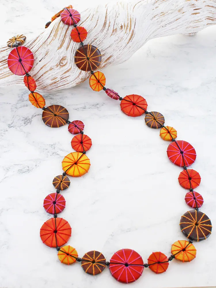 Long Orange Wooden Disc & Thread Necklace