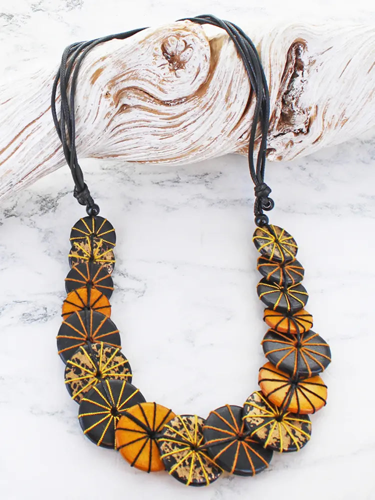 Overlapping Wooden Disc Statement Necklace - Black