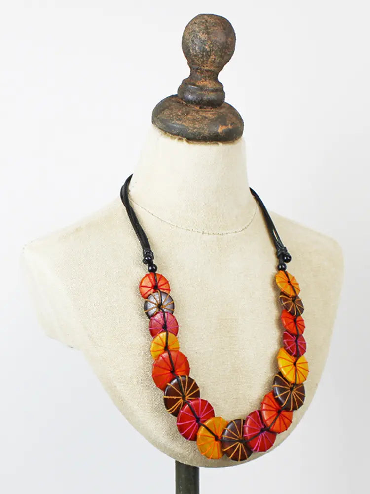 Overlapping Wooden Disc Statement Necklace
