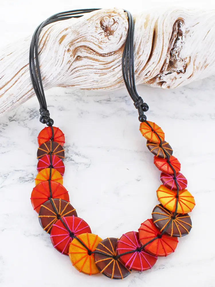 Overlapping Wooden Disc Statement Necklace