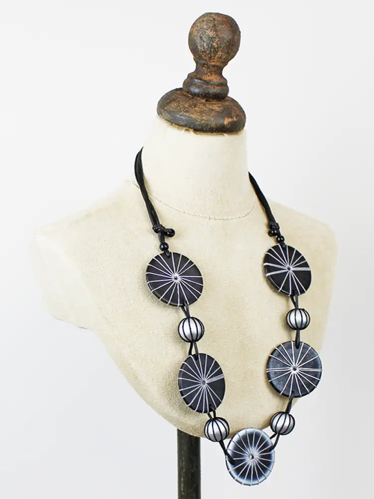 Long Black & Silver Wooden Statement Necklace