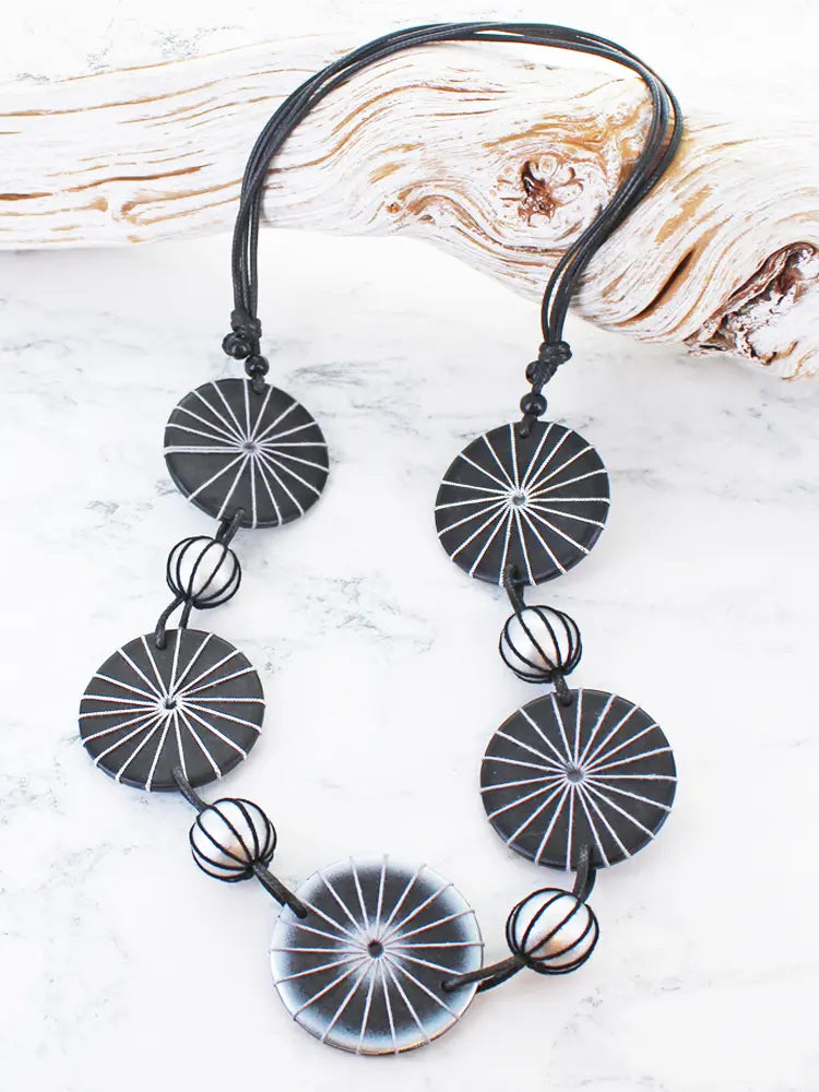 Long Black & Silver Wooden Statement Necklace