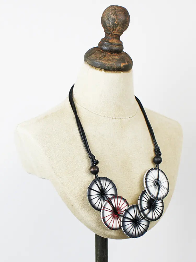 Overlapping Black Wooden Disc & Thread Necklace