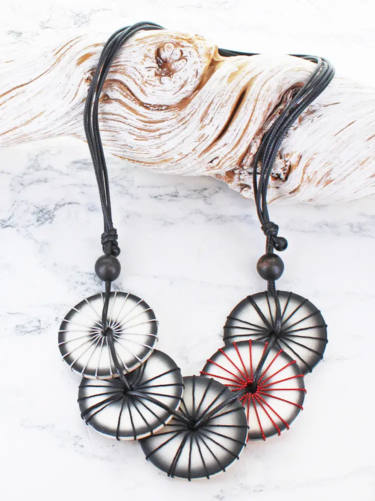 Overlapping Black Wooden Disc & Thread Necklace