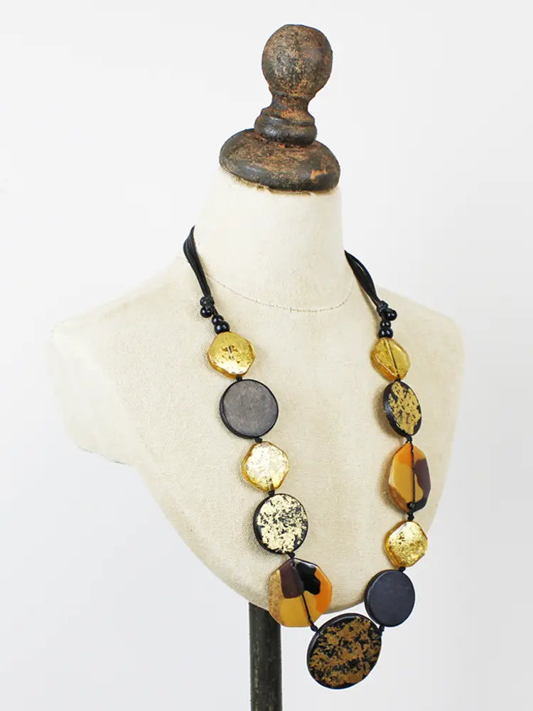 Long Black & Gold Resin & Wood Necklace