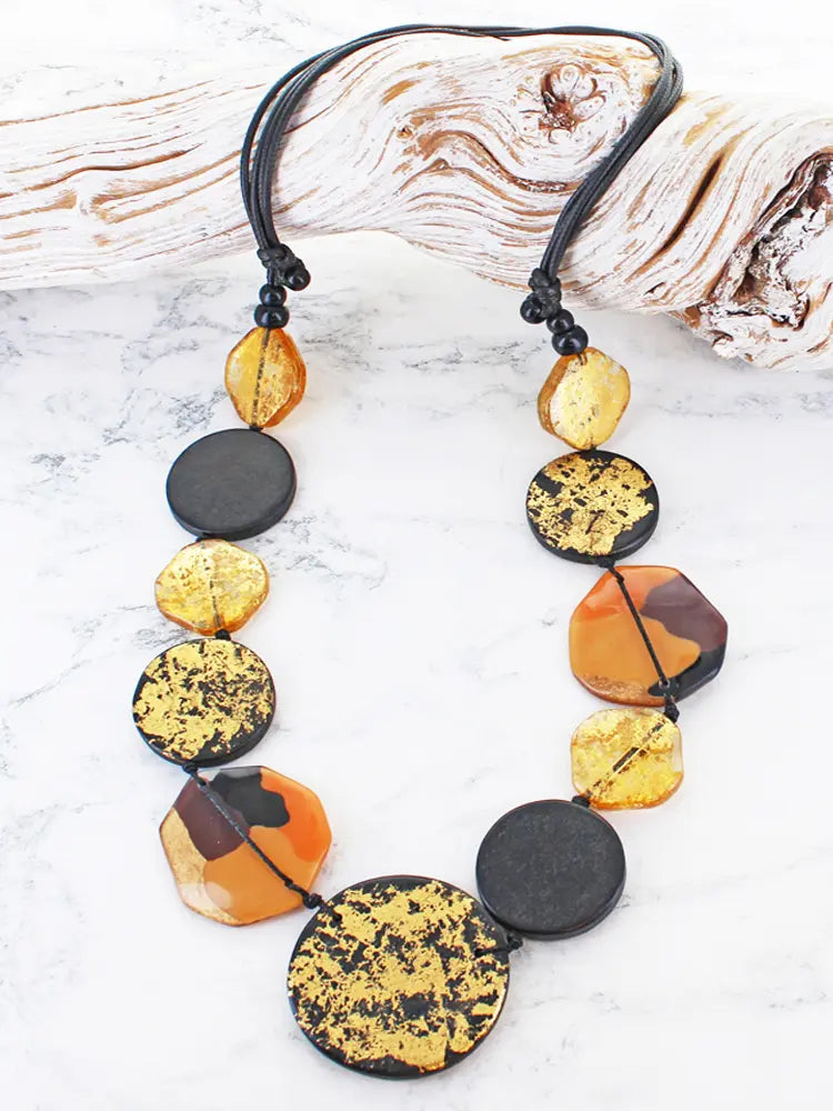 Long Black & Gold Resin & Wood Necklace