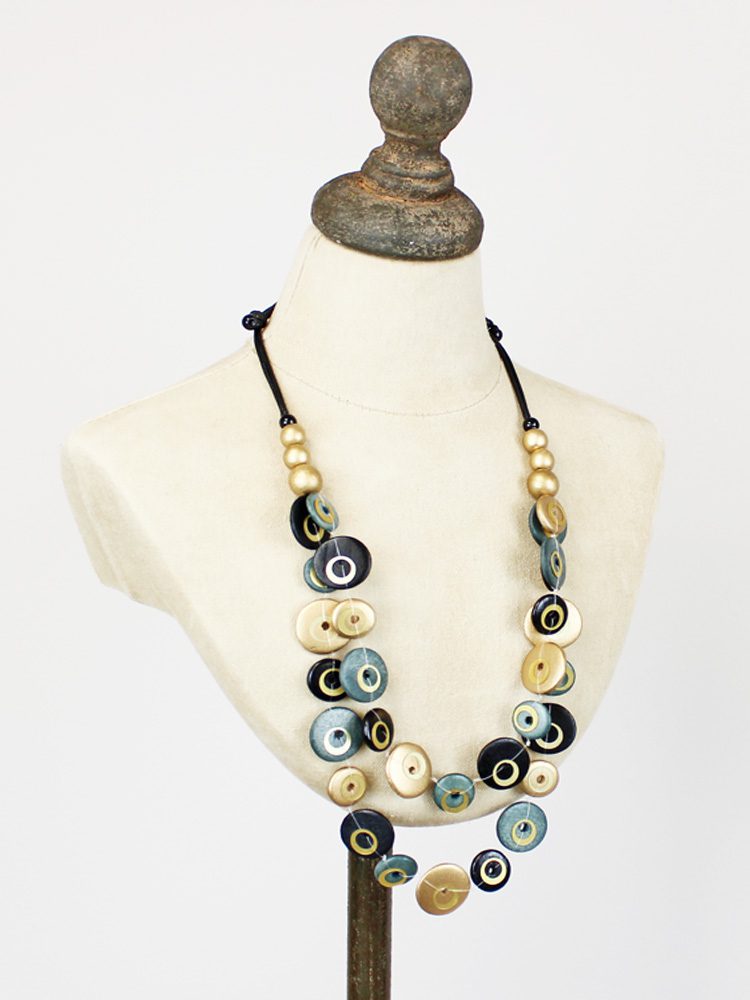 Teal, Gold and Black Layered Disc Necklace