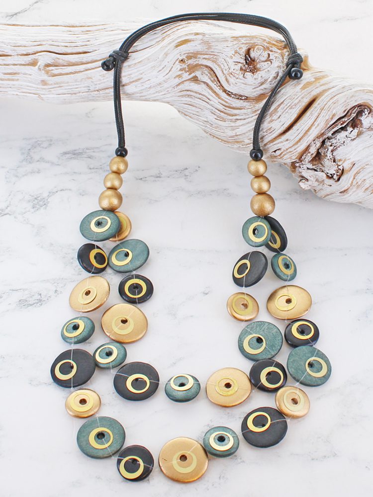 Teal, Gold and Black Layered Disc Necklace