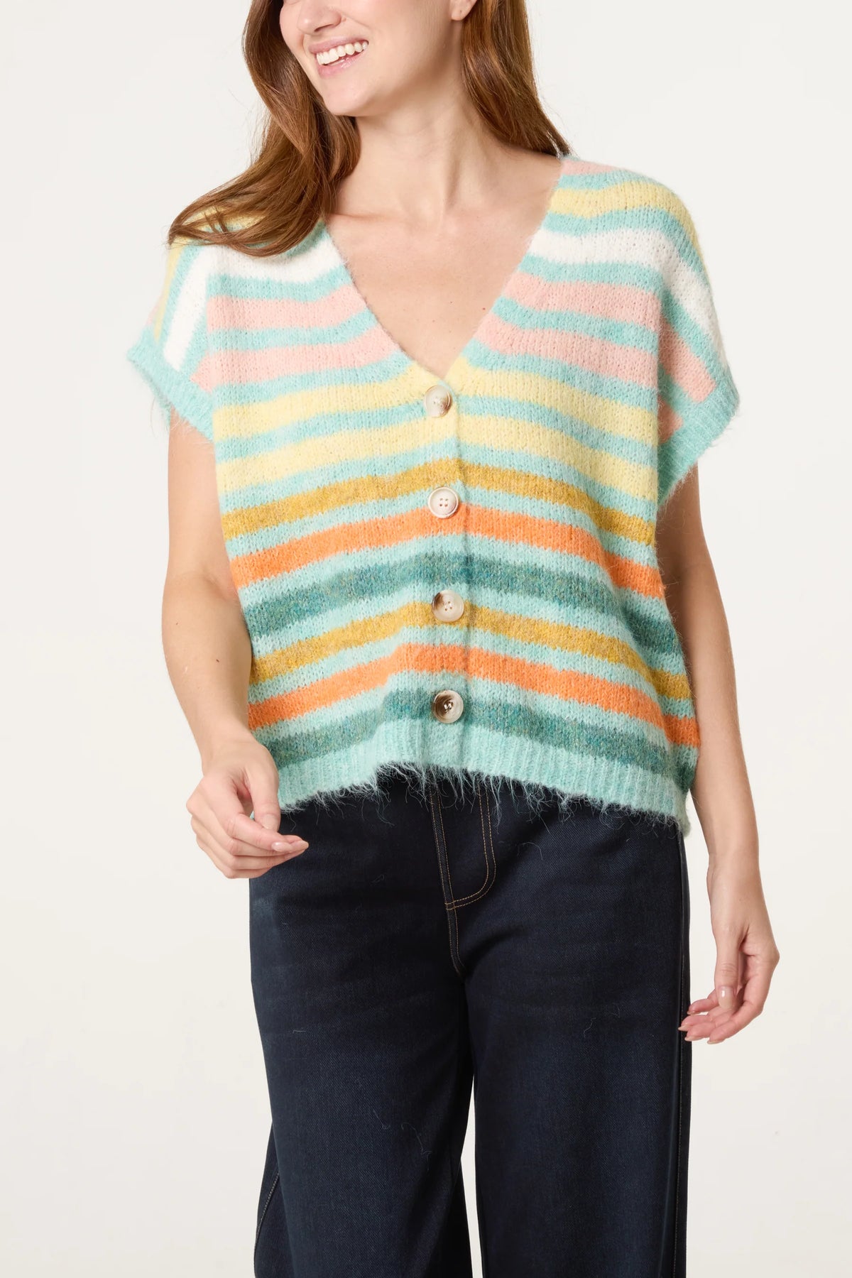 Striped Knitted Button Through Waistcoat