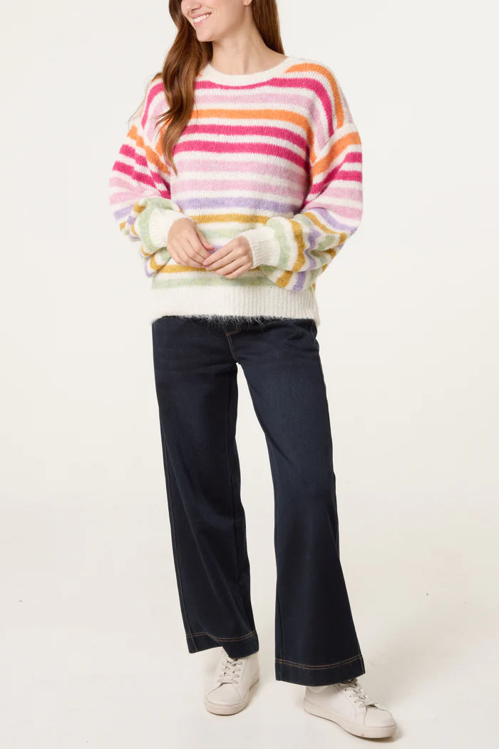Multicolour Striped Crew Neck Jumper With Wool