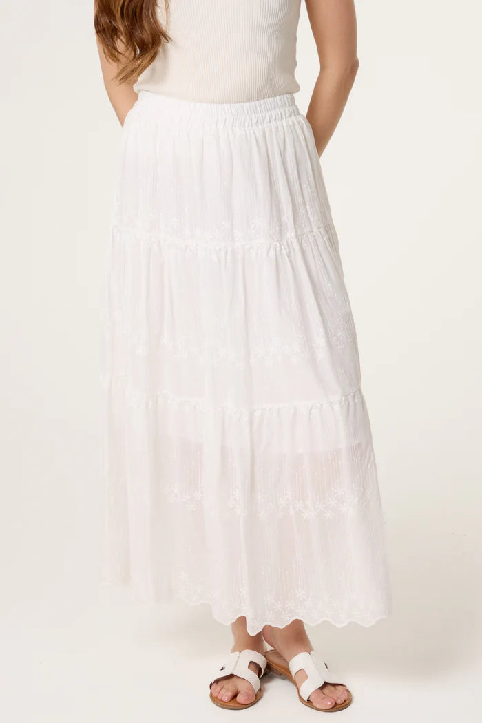 White Embroidered Tiered Maxi Skirt
