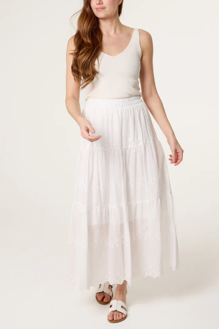 White Embroidered Tiered Maxi Skirt