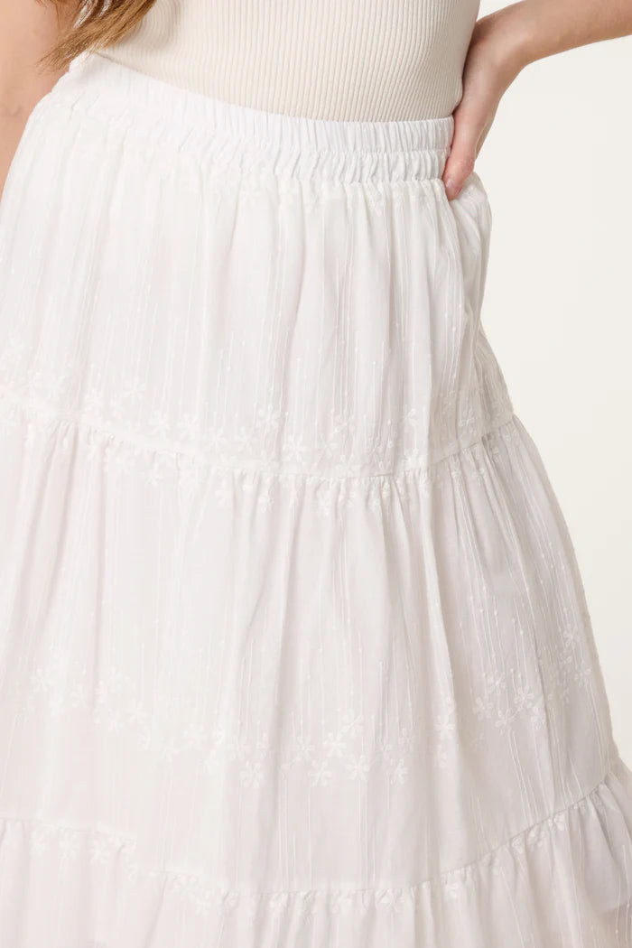 White Embroidered Tiered Maxi Skirt