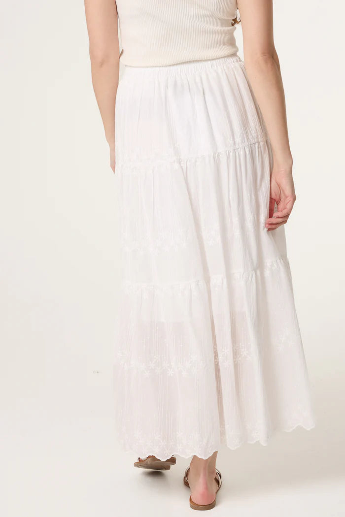 White Embroidered Tiered Maxi Skirt