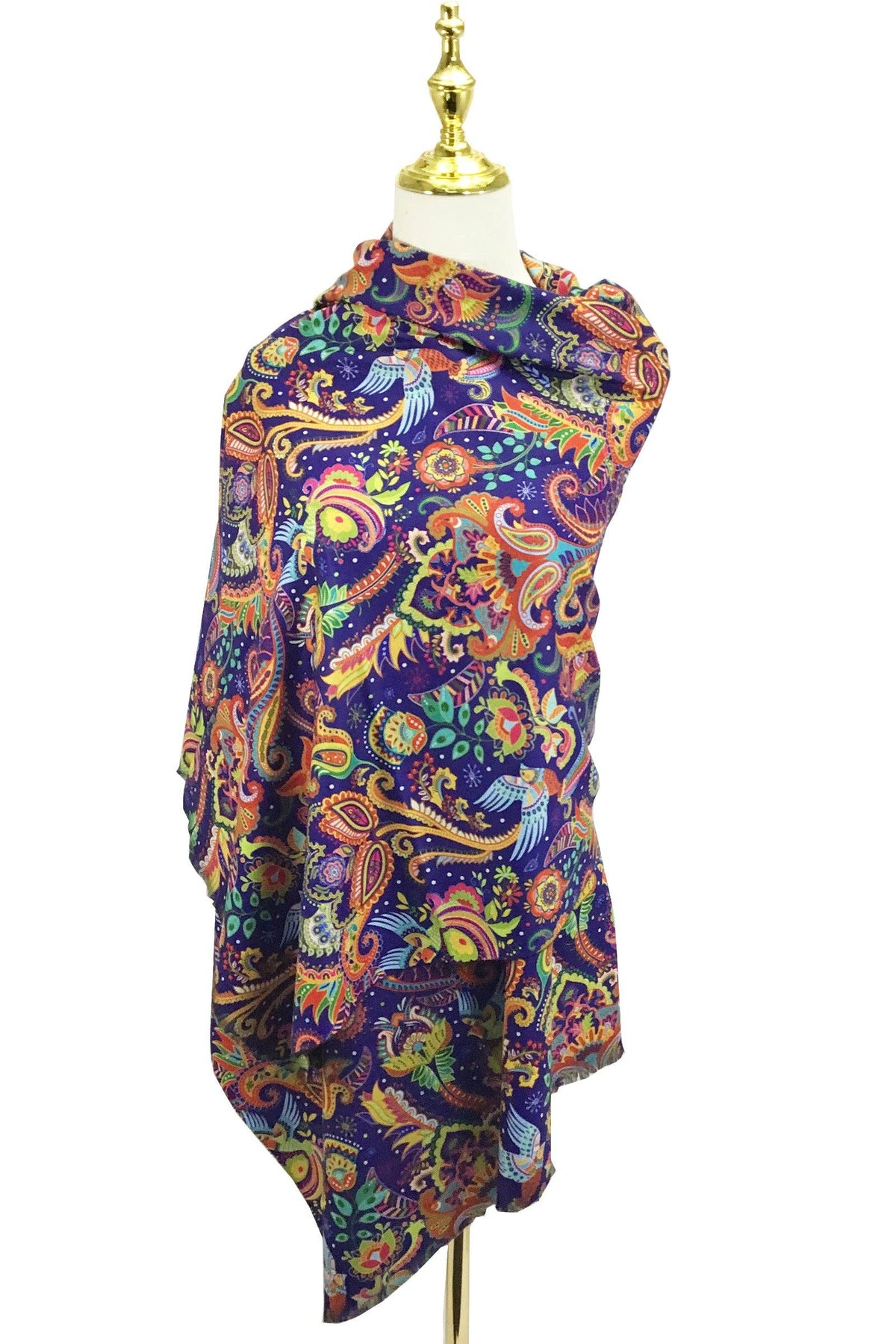 Detailed Paisley & Bird Print Wool Scarf: Blue
