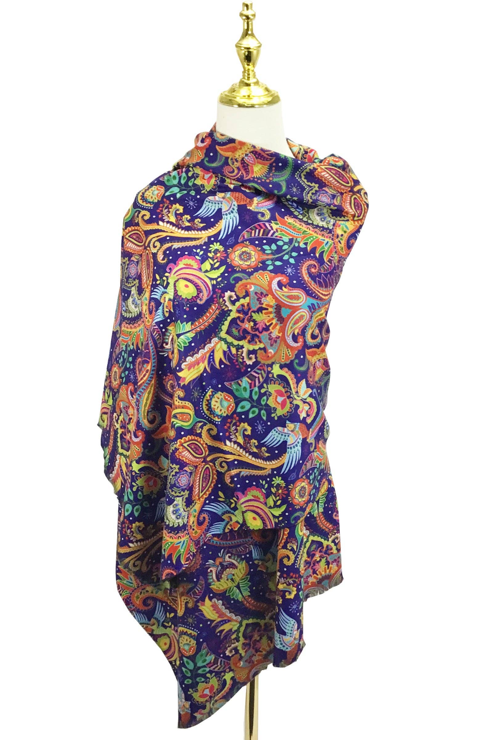 Detailed Paisley & Bird Print Wool Scarf: Blue