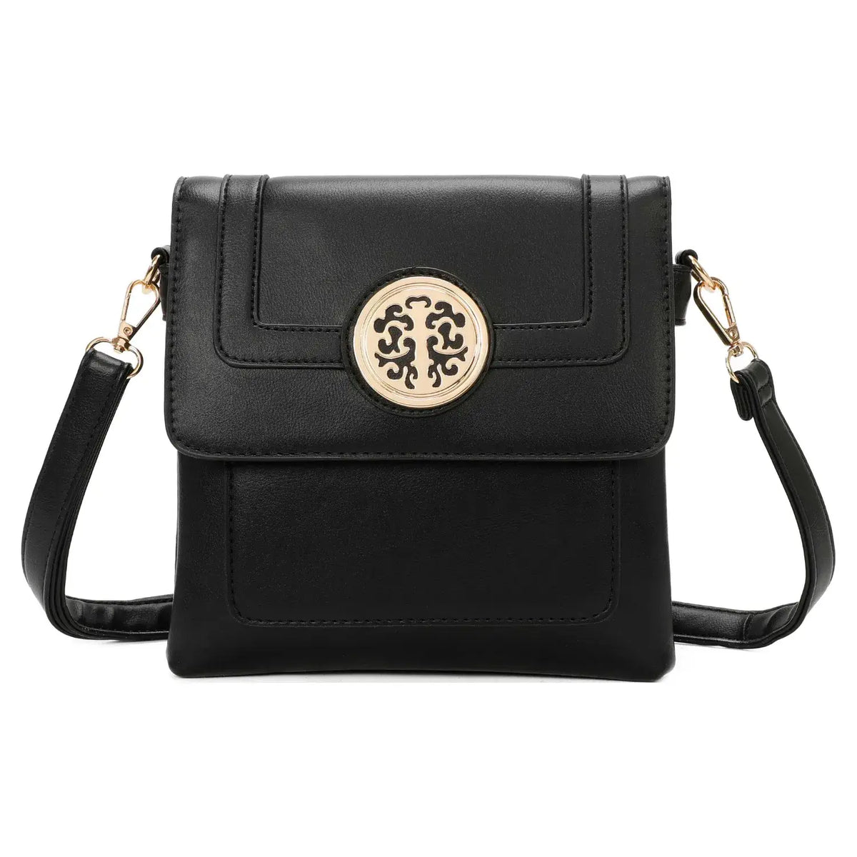 Small Faux Leather Crossbody Bag with Gold Plate Detail – Black