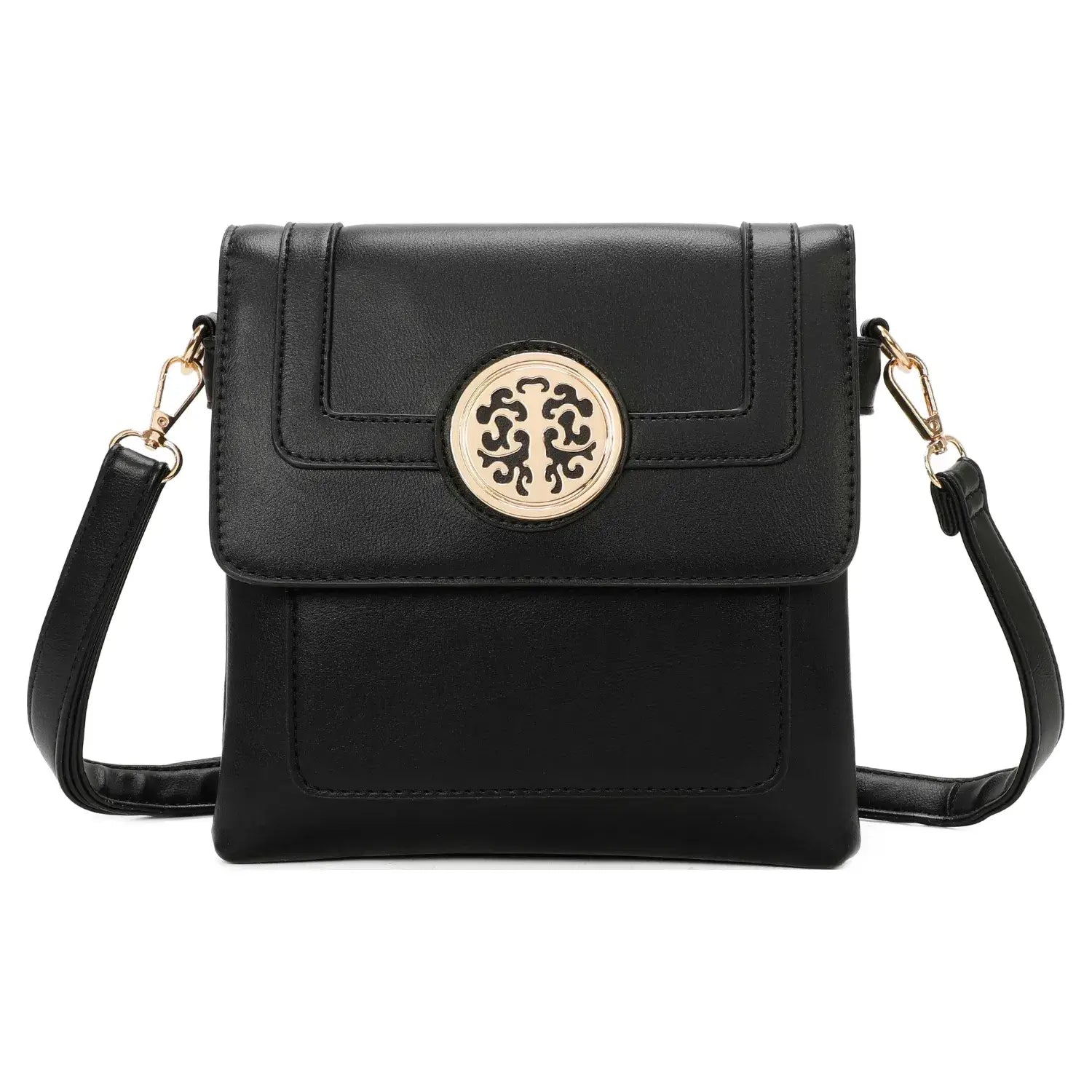Small Faux Leather Crossbody Bag with Gold Plate Detail – Black