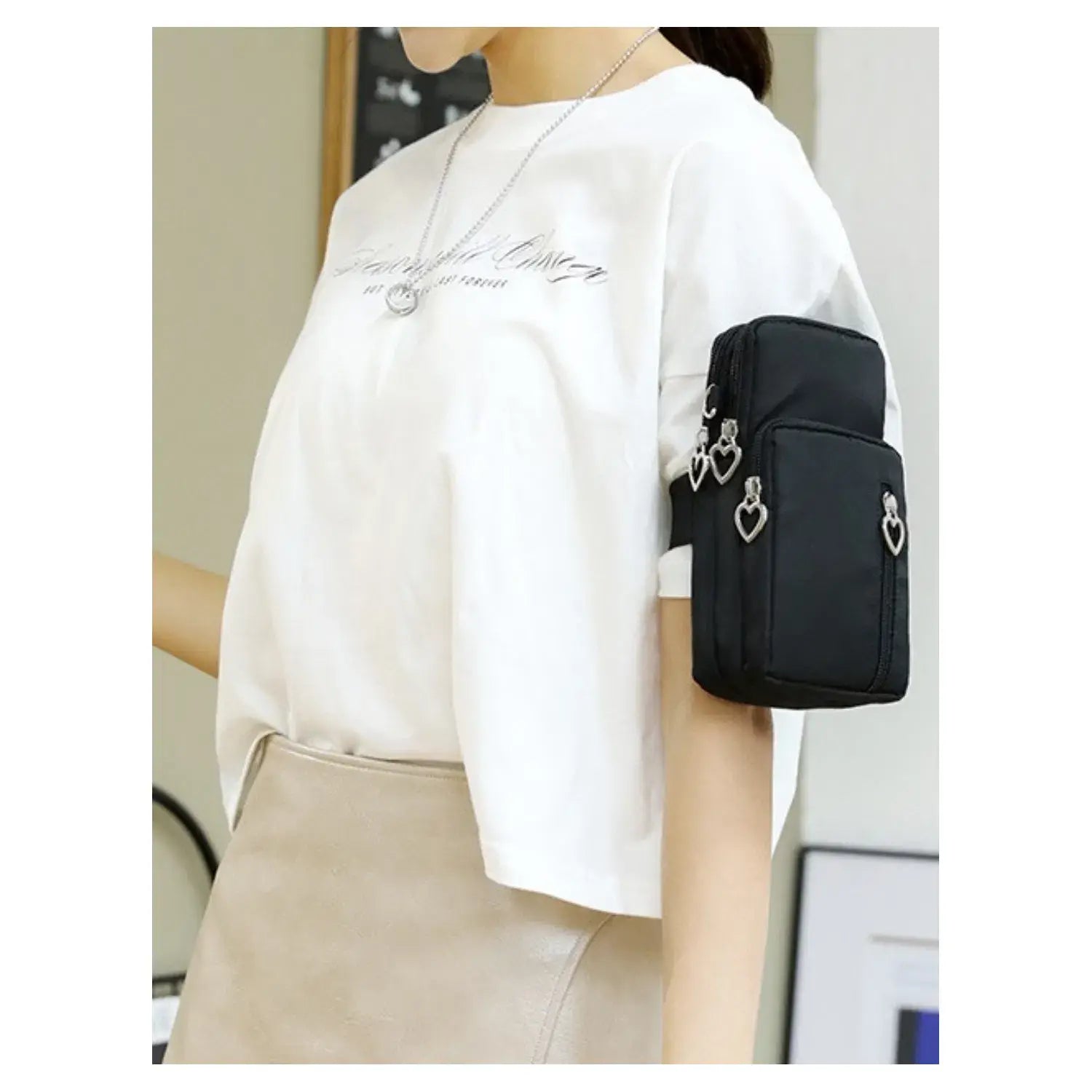 Triple Love Heart Zipper Mobile Phone Bag - Taupe