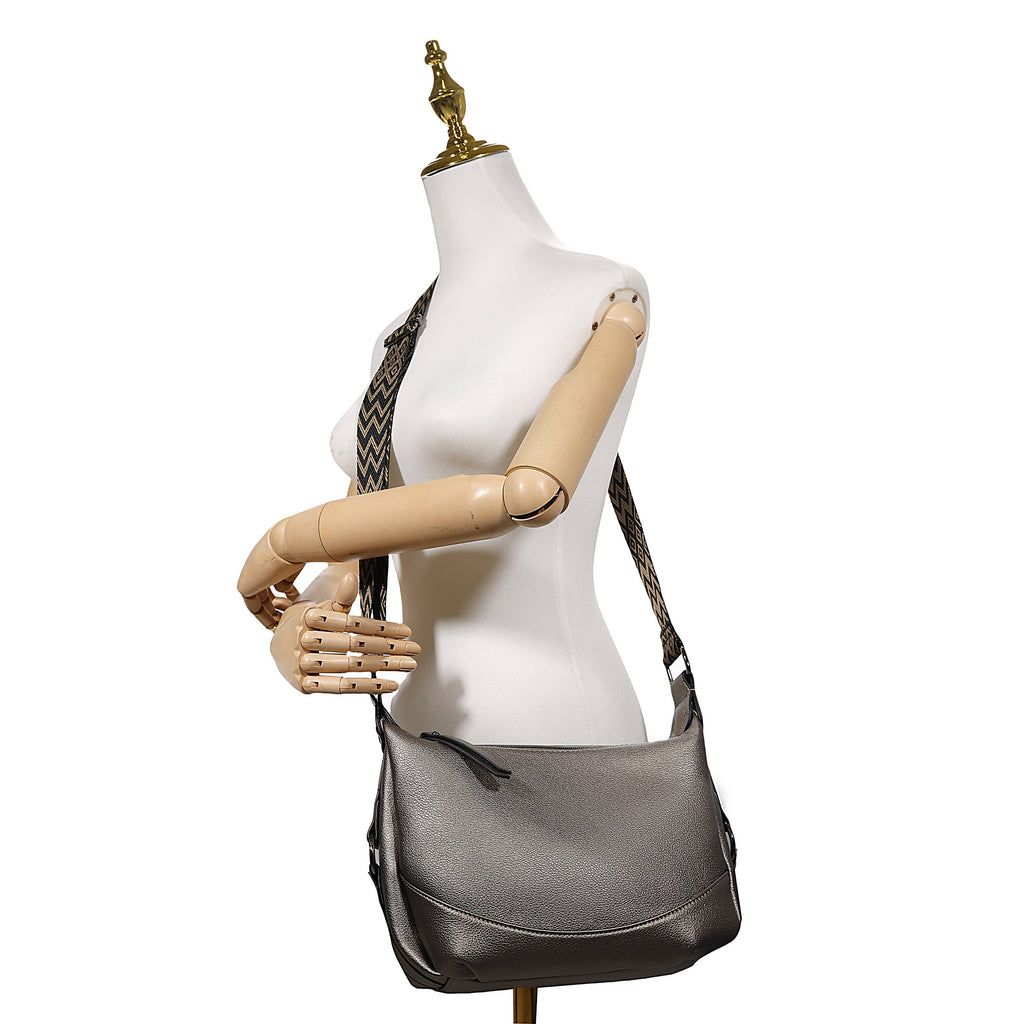 Black Textured Shoulder Bag with Patterned Strap