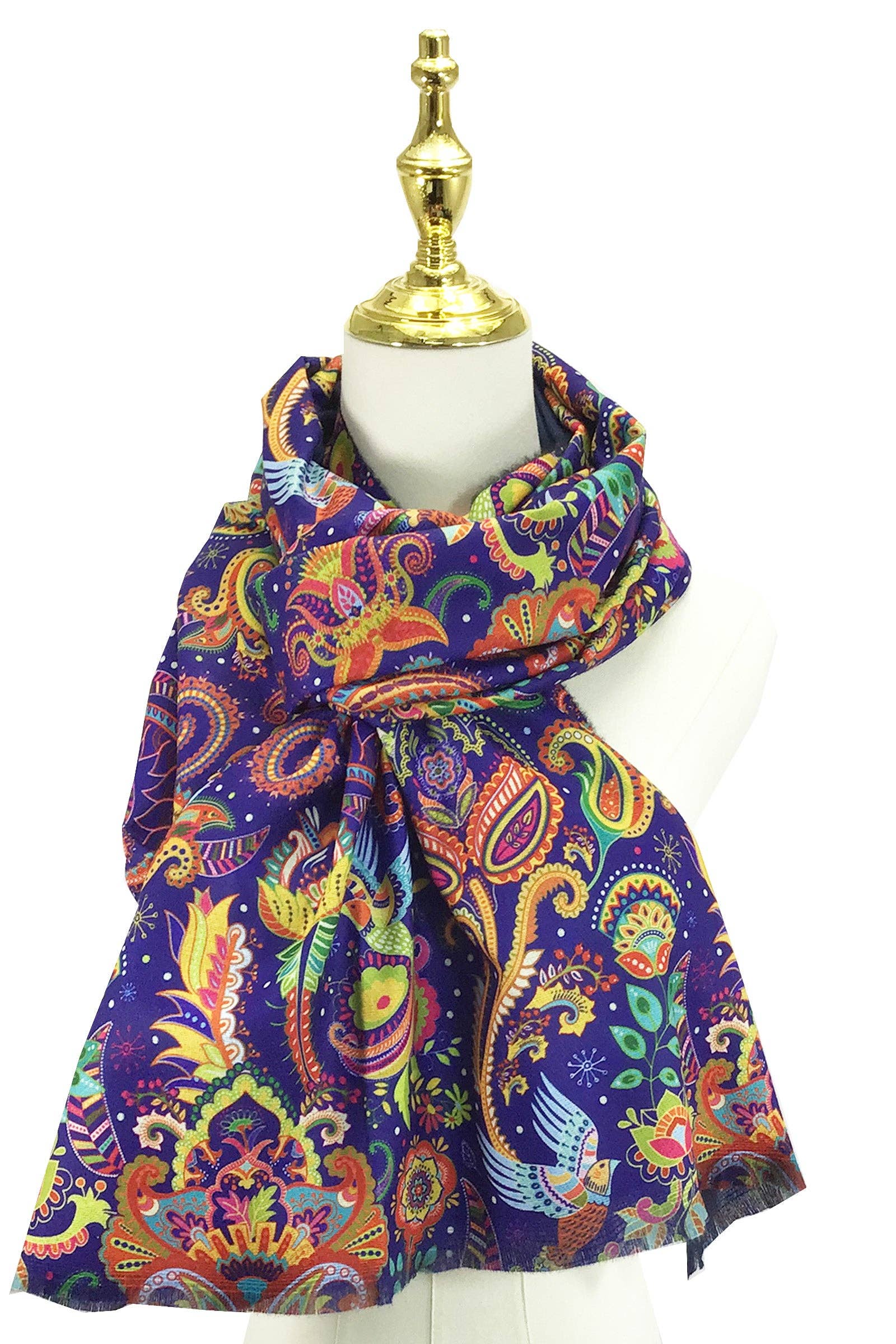 Detailed Paisley & Bird Print Wool Scarf: Blue